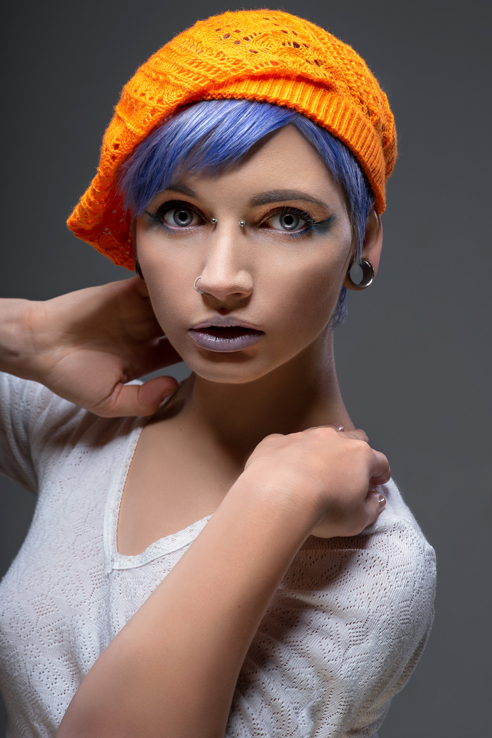 Blue Haired Woman Orange Knitted Beret